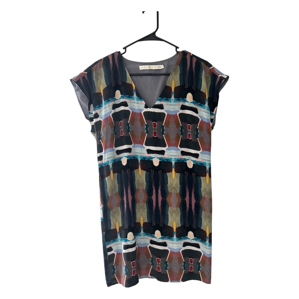 Marie Oliver 100% Silk Luxury Boho Abstract Kaleidoscope V-Neck Shift Dress XS
